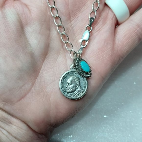 .925 Protection Charm Bracelet 8" Pope John Paul II & Turquoise Italy - Picture 5 of 5